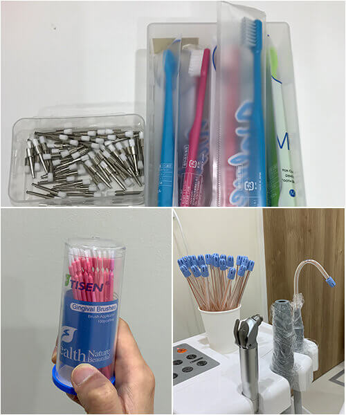 歯ブラシや、仮歯を作る筆、吸引チューブなどは、単回使用の使い捨て